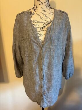 Gray Linen JM Collectibles Front Button Blouse Sz 14P